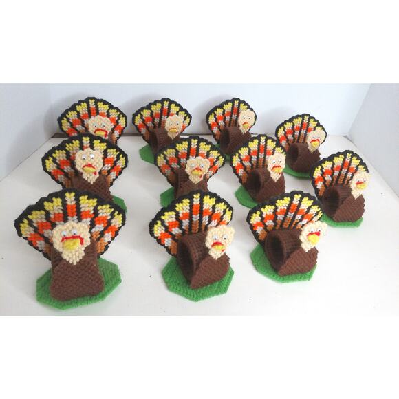 Vintage Plastic Canvas Needlepoint Thanksgiving Turkey Napkin Holders Set of 11 - Picture 3 of 4